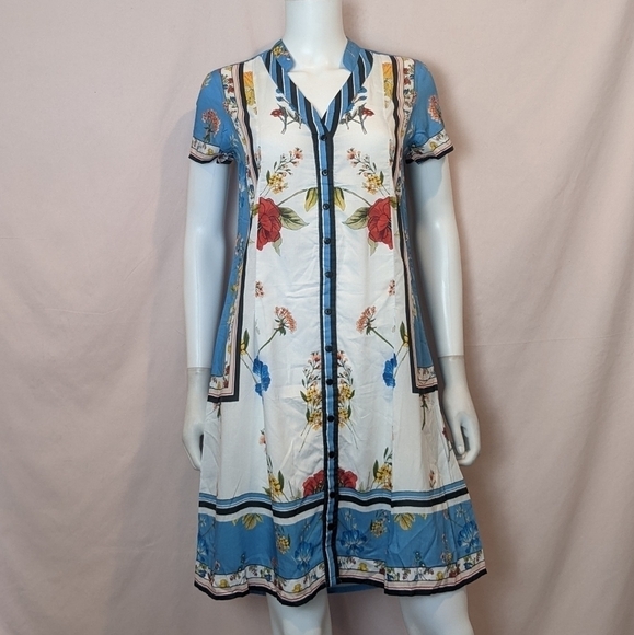 Tolani Collection Blue and White Floral Button Front Short Sleeve Shirt Dress - Picture 1 of 9